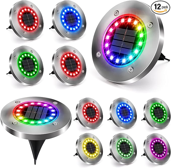 Brizled 12 Pack Color Changing Solar Ground Lights, 16 LED Outdoor Pathway Lights Landscape Lighting, Multicolor | Lumora
