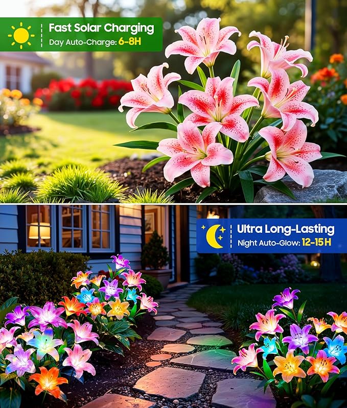 LETMY Solar Garden Lights, 2 Pack Solar Flower Lights with 6 Head Bigger Lily Lights, IP65 Waterproof Solar Lights Outdoor, Decorative Lights for Garden, Patio, Yard