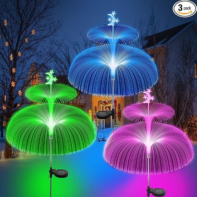 Solar Garden Lights Outdoor Solar Lights 7 Color Changing Jellyfish & Star Waterproof Solar Flower Lights for Garden Decor, Yard, Patio, Lawn, Pool, Party, Wedding, Gifts for Women/Mothers - 3 Packs