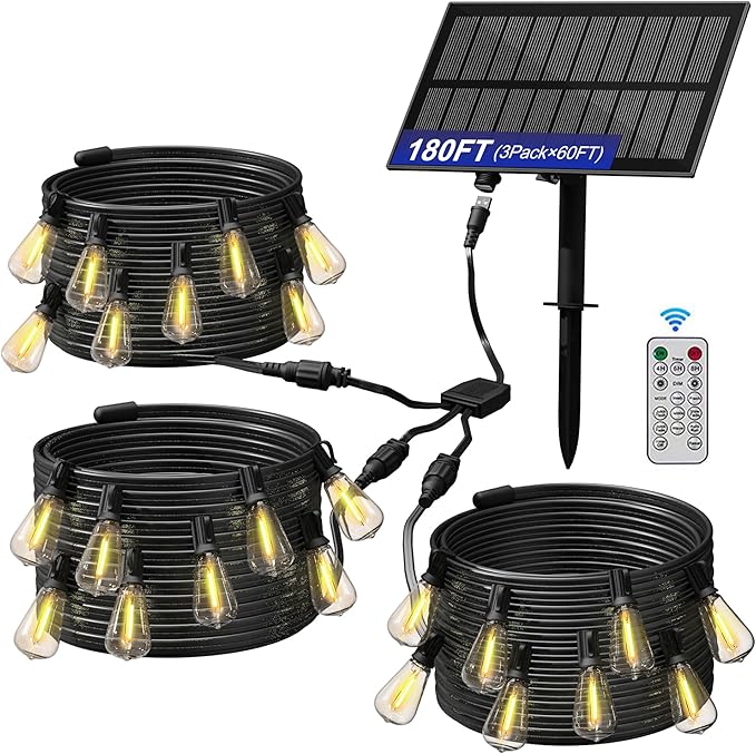 Stright Solar Powered String Light 180FT with Remote Control 8 Light Modes, Weatherproof Shatterproof ST38 LED Bulb, Total 45 Sockets, 1 to 3 Splitter cord String Lights (End to End 60FT, Total 180FT)