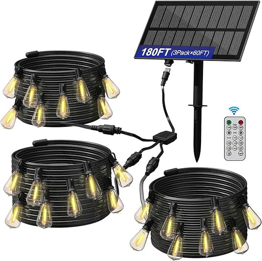 Stright Solar Powered String Light 180FT with Remote Control 8 Light Modes, Weatherproof Shatterproof ST38 LED Bulb, Total 45 Sockets, 1 to 3 Splitter cord String Lights (End to End 60FT, Total 180FT)