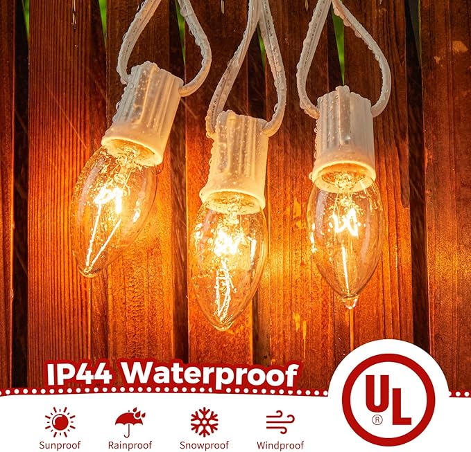 Brightown 100 Feet C9 Christmas String Lights, Outdoor Christmas Lights with 100 Clear C9 Light Bulbs for Outdoor Patio Room Christma Party Backyard Decoration, Glass Bulb, White Line