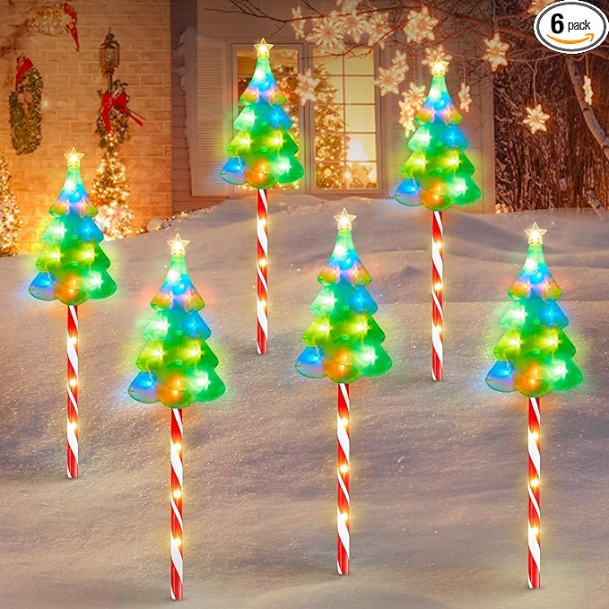 KOOPER Christmas Decorations Outdoor Solar Christmas Tree Candy Cane Stake Lights, 6 Pack Brighter 102 LED Solar Christmas Pathway Lights Outdoor, 10 Modes Christmas Decorations for Indoor Yard