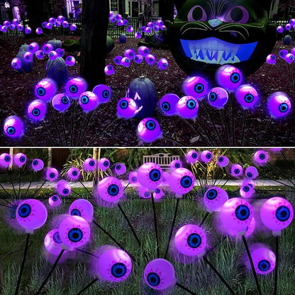 4 Pack Halloween Decorations Outdoor Lights - 32LED Solar Scary Eyeball Pathway Light Swaying by Wind, Waterproof Solar Halloween Stake Lights for Garden Porch Lawn Pathway (Purple)