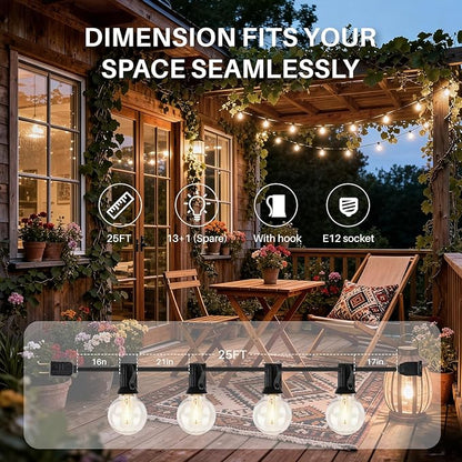 25 FT Outdoor String Lights G40 Globe Shatterproof Patio Lights,13 Plastic Edison Bulbs(1 Spare) IP65 Waterproof Dimmable LED Bulbs for Backyard Porch Balcony Party Decor, E12 Base, 2700K