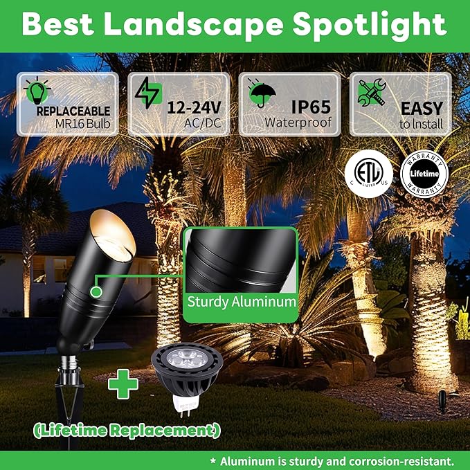 Landscape Spotlights, Black Low Voltage LED Outdoor Lighting, IP65 Waterproof Aluminum uplight for Yard House Porch | Lumora