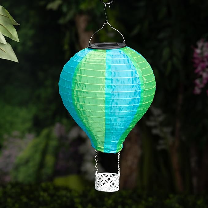 Alpine Corporation QLP1566SLR-YLBL Solar-Powered Cloth Hot Air Balloon with Flame LED Lights, LED Solar Décor, 13" H, Yellow