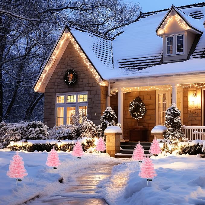 Solar Christmas Tree Stake Lights - Waterproof Xmas Tree & Pathway Lights (Pink, 2pcs)