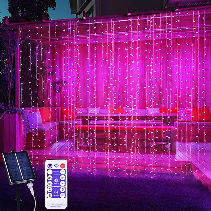 300LED Solar Curtain Lights - Outdoor Indoor Waterproof Fairy String Lights, Twinkle 8 Modes Christmas Decoration for Home Garden Patio Wedding Party (Pink)