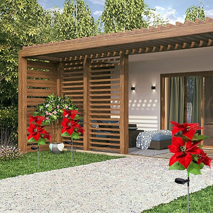 MSUIINT 2 Pcs Christmas Decorations Outdoor Solar Lights, Artificial Red Poinsettia Flower Decorations Solar Stake, Waterproof Solar Pathway Lights for Xmas Garden Yard Patio Lawn Decor