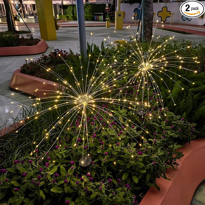 Solar Garden Firework Lights Outdoor Waterproof, 2 Pack 200 LED 8 Lighting Modes Sparklers Solar Twinkling Starburst Lights for Yard Flowerbed Pathway Fence Decorations, Warm White