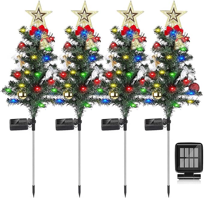 4 Pack Solar Christmas Decorations Tree Lights, Upgraded Outdoor Solar Stake Decorative Lights Xmas Tree W/20 LED-RGB Lights, IP65 Waterproof, Dual Lighting Modes,for Garden Pathway Lawn Patio