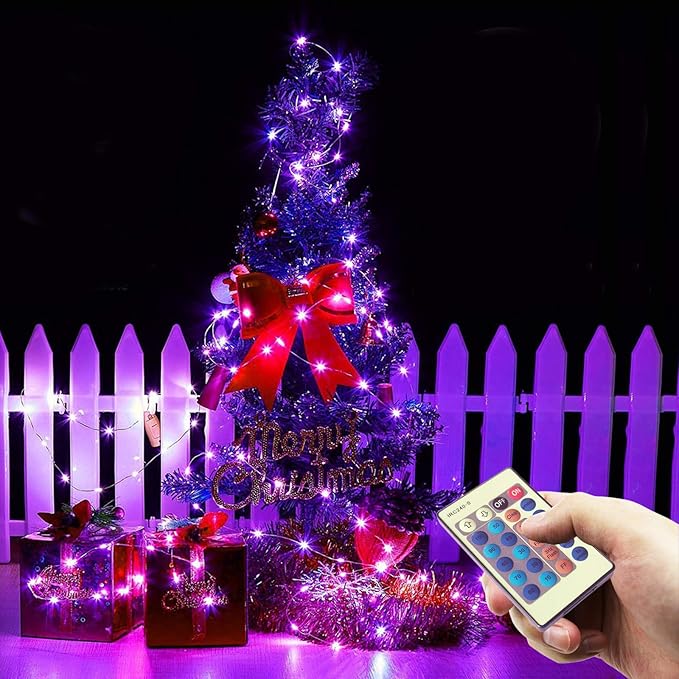RUICHEN Dimmable Purple Fairy Lights Plug in, 33 Ft 100 LED Twinkle String Lights with Remote, Waterproof Silver Wire Lights for Christmas Halloween Party Bedroom Patio Garden