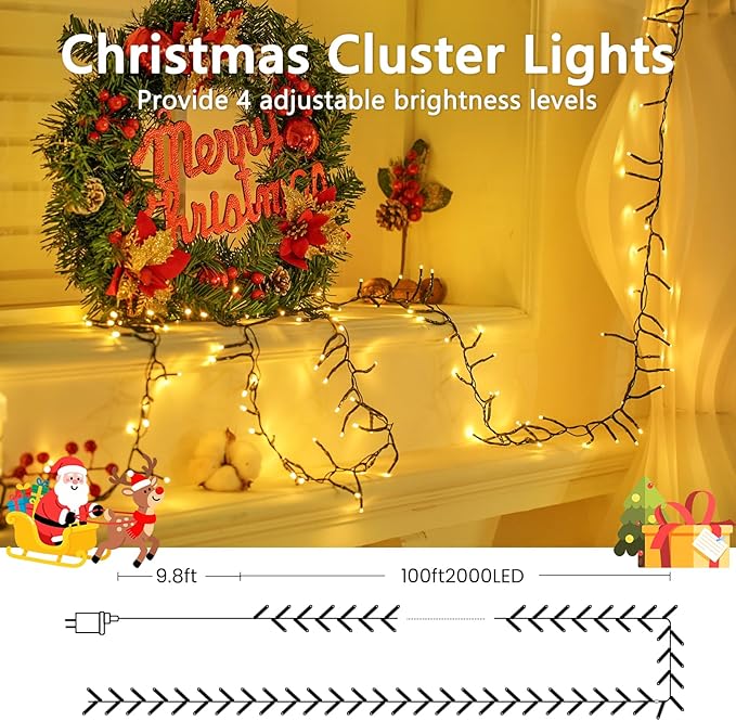 100FT 2000 LED Cluster Christmas Lights, Christmas Tree Lights Outdoor Indoor with 8 Modes & Timer & Remote | Lumora