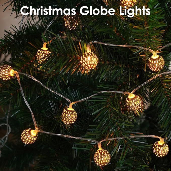 LORRYTE Moroccan Christmas String Lights Outdoor Battery Operated, 60 LED 36 FT Globe Fairy Lights with 8 Lighting Modes, String Lights for Bedroom Party Wedding Garden Christmas Decor (Warm White)