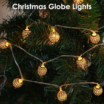 LORRYTE Moroccan Christmas String Lights Outdoor Battery Operated, 60 LED 36 FT Globe Fairy Lights with 8 Lighting Modes, String Lights for Bedroom Party Wedding Garden Christmas Decor (Warm White)