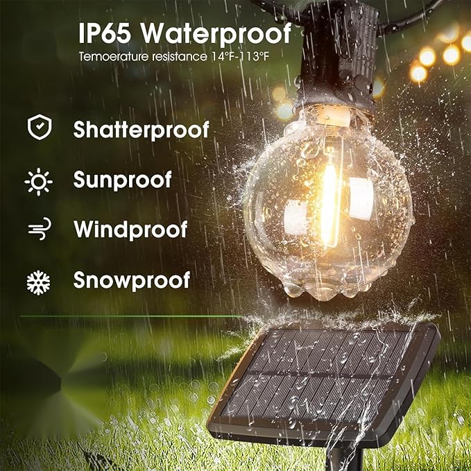 Solar Outdoor String Patio Bistro Lights, 25ft 27LED 3W G40 Bulbs, USB Rechargeable Portable Edison Café String | Lumora