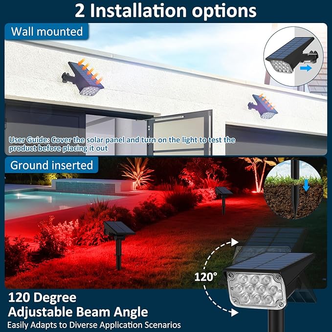 T-SUNUS Christmas Red Solar Lights for Outside IP65 Waterproof Auto On/Off Adjustable Landscape Spot Lighting | Lumora