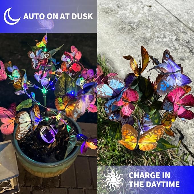 Butterfly Solar Lights for Outside, 2 Pack 34 Butterfly Waterproof Decorative Garden Lights, Color-Changing Butterfly Design, Outdoor Solar Powered LED Lights for Patio,Yard,and Pathway