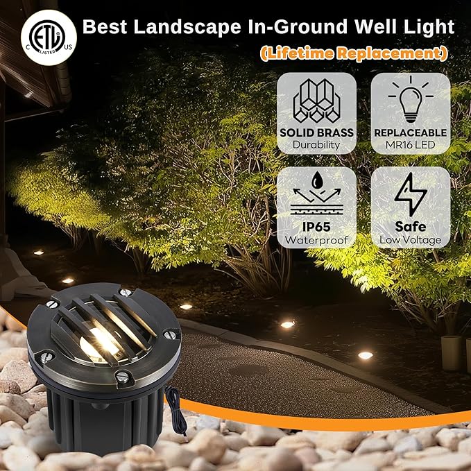 Gardenreet Landscape Well Lights Brass - Ip65 Waterproof Low Voltage Hardwired LED In Ground Lighting, Electric 12V | Lumora