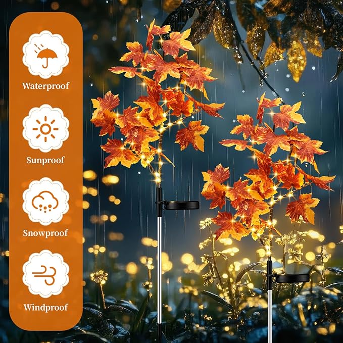 2 Pack Fall Solar Lights Outdoor Decorative, 35 LED Maple Leaf Solar Stake Lights Waterproof Fall Decor for Autumn Garden Yard Outside Pathway Halloween Thanksgiving Decorations