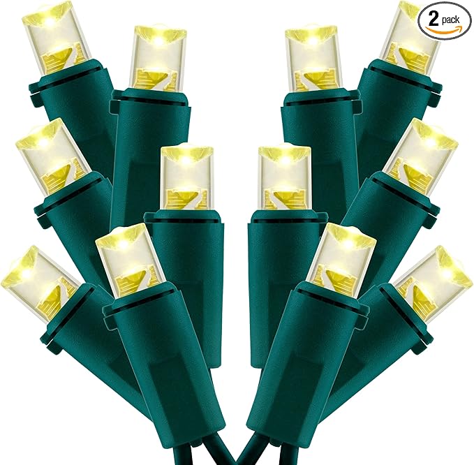 Warm White Wide Angle Christmas Lights, Pack of 2 Sets 25 Ft 100 LED Green Wire 5mm UL Certified Commercial Grade Holiday String Light