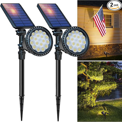 DBF Solar Lights Outdoor, 600LM Solar Spotlights Outdoor Waterproof, 2 Brightness Mode Adjustable 18 LED Flag Pole Light for Garden Yard Patio Landscape Driveway Garage Pool(Warm White, 2 Pack)