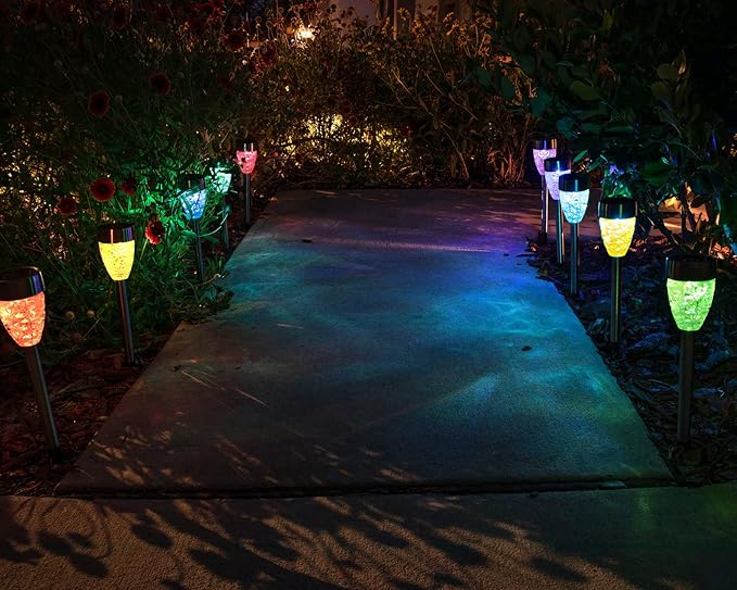 Morvat LED Auto Solar Powered Color Changing Stainless Steel Path Lights for Outdoor Garden Yard Walkway & Pathway, Bright Colored Waterproof Landscape & Patio Colorful Lighting, Dusk to Dawn, 16 Pack