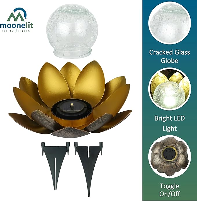 MCSLOTUS-G Gold Lotus Flower Solar LED Garden Light with Crackled Glass Globe – Waterproof Metal Outdoor Décor