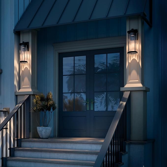 Kichler Barras 20.25" 1-Light Outdoor DarkSky Approved Wall Sconce with Clear Ribbed Glass in Black, Vertical | Lumora