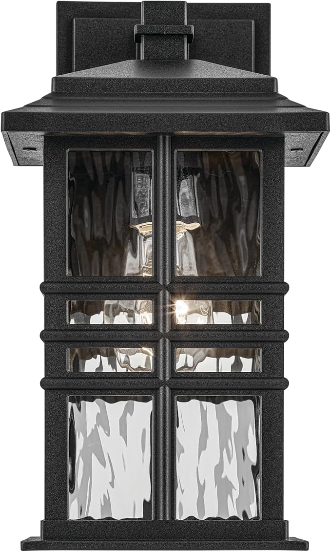 Kichler Beacon Square 12" 1-Light Outdoor Wall Light with Clear Hammered Glass in Textured Black, for Exterior | Lumora