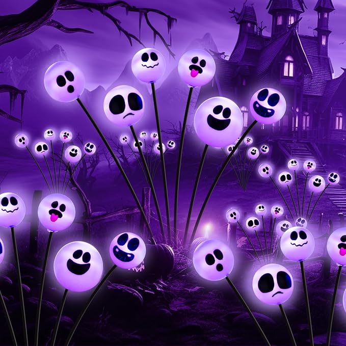 Tuanse 4 Pcs Outdoor Halloween Decorations Waterproof Halloween Solar Lights Scary Ghost Lights for Garden Yard Lawn Pathway (Purple)
