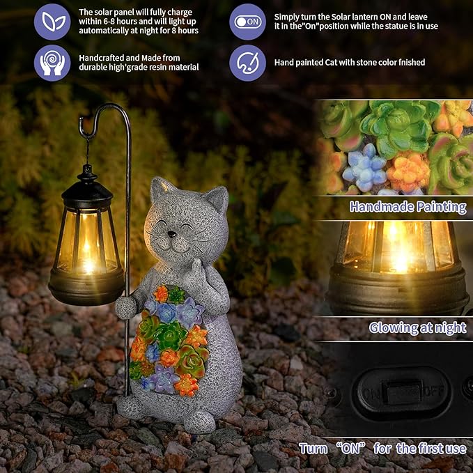 Solar Cat Garden Statue with Succulent Decor Hanging Lantern – Waterproof Resin Outdoor Figurine for Yard, Patio | Lumora