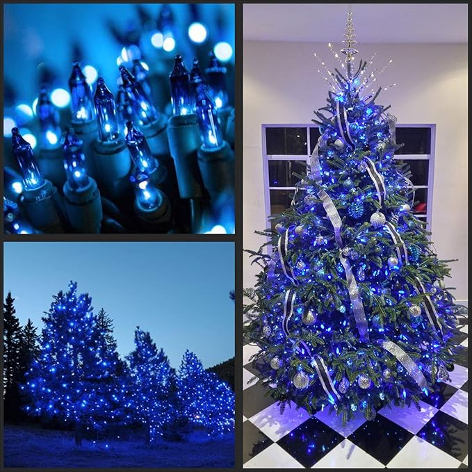 YULETIME 200 Blue Christmas Lights, Pack of 2 Sets 33 Feet 100 Count UL Certified Incandescent String Lights (Blue - White Wire)