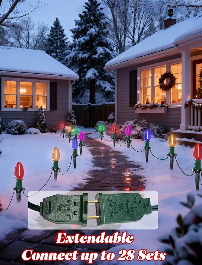38FT LED C9 Multicolor Christmas Pathway Lights Outdoor,25 Weatherproof LED Christmas Walkway Lights with C9 Multicolor Bulbs and Stakes for Lawn Backyard snowfield Xmas Decorations