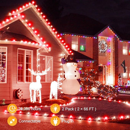 Brightown C9 LED Christmas String Lights, 2 Pack Total 132ft 200LED Outdoor Lights String, Plug-in Connectable Waterproof Roofline Lights String for Outside Yard Christmas Holiday Decor, Red and White