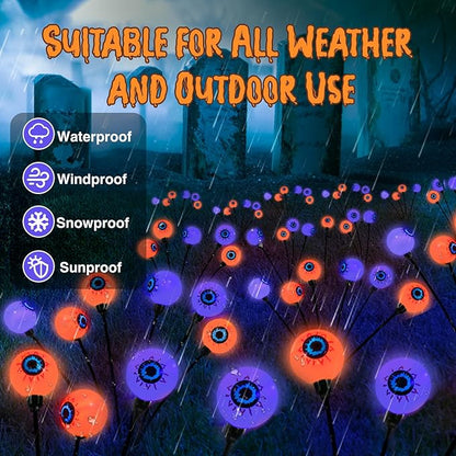 Lewondr Halloween Decorations Outdoor Eyeball Lights, 6 Pack Solar Garden Lights with 2 Modes, Waterproof Firefly Lamps Swaying by Wind for Yard, Pathway, Lawn, Patio, Party, Purple + Orange