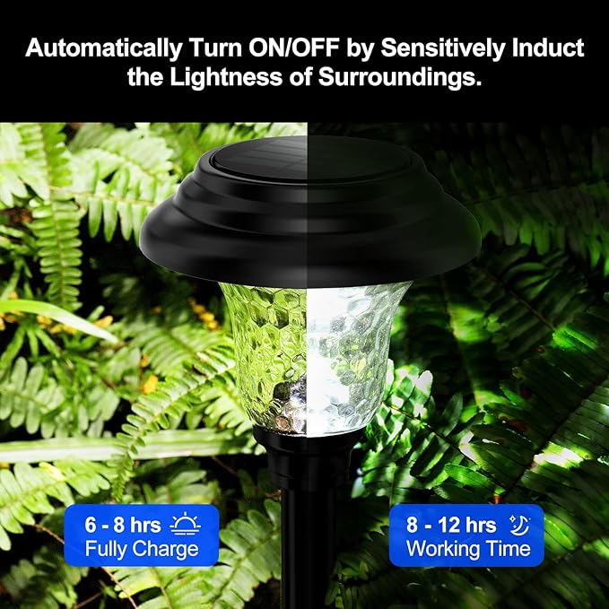 Glass Solar Lights Outdoor waterproof, 4 Pack Super Bright Solar Pathway Lights, Up to 12 Hrs Long Last Auto On/Off Garden Lights Solar Powered, Stainless Steel LED Light For Yard Landscape Cool White