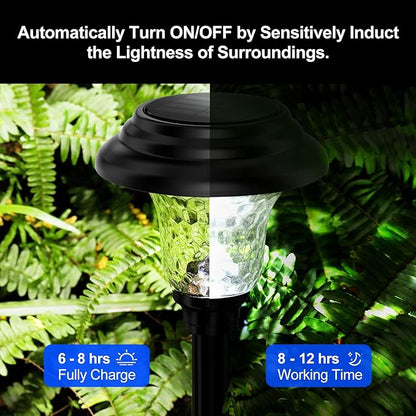 Glass Solar Lights Outdoor waterproof, 4 Pack Super Bright Solar Pathway Lights, Up to 12 Hrs Long Last Auto On/Off Garden Lights Solar Powered, Stainless Steel LED Light For Yard Landscape Cool White