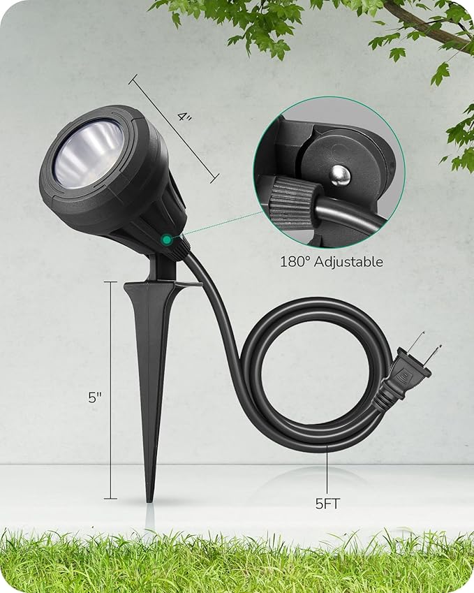 EDISHINE 120V LED Outdoor Spotlight, 5 Extra Lenses (RGB Purple Blue), 5.5W 5000K Plug in Spotlight Outdoor | Lumora