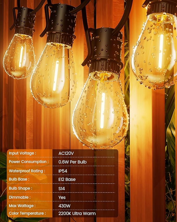 Torkase Outdoor String Lights Commercial 30FT with 10+1 S14 Shatterproof Bulbs 2200K Warm White Waterproof Dimmable Patio Lights for Backyard Porch Bistro