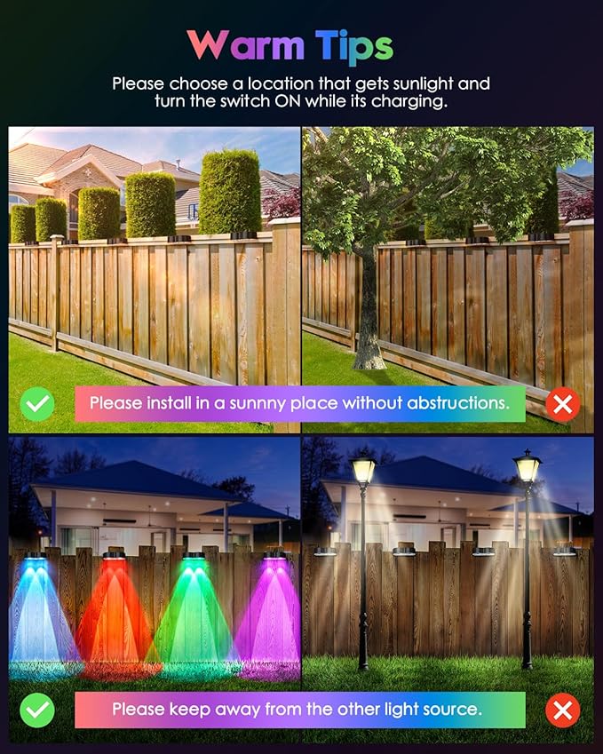 Upgraded Solar Fence Lights Outdoor 8 Pack with Spot Lensed, Warm White, Cold White & RGB 8 Fixed Colors Bright Fence Lights, Waterproof Color Glow Lights for Fence Wall Step Deck Railing Patio