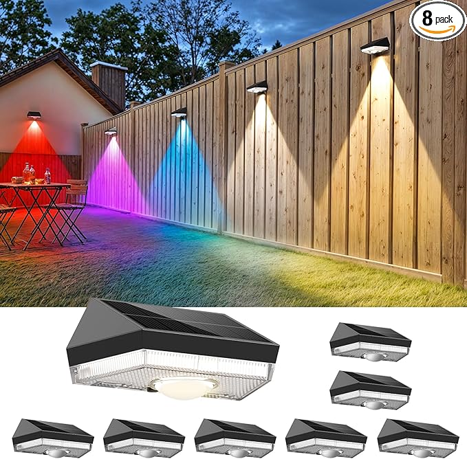 Solar Fence Lights,9 Lighting Modes ＆ Color Changing Mode IP65 Waterproof Outdoor, Solar Deck Lights for Outside/Patio/Backyard/Wall/Pool/Fence/Railing/Step(8Pack)