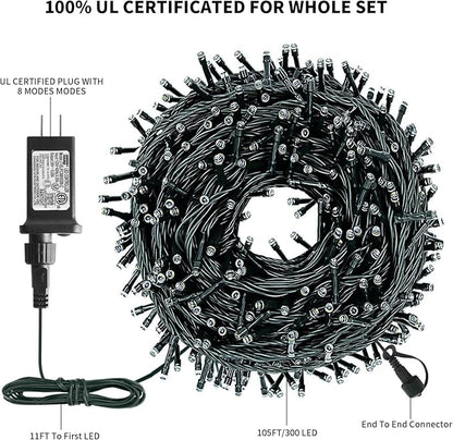 XTF2015 Christmas String Lights, 105ft 300 LED Christmas Lights 8 Modes Memory Function & Timer- UL Certified - Outdoor Indoor Christma s Fairy Lights for Tree, Garden, Party, Wedding(Blue + White)
