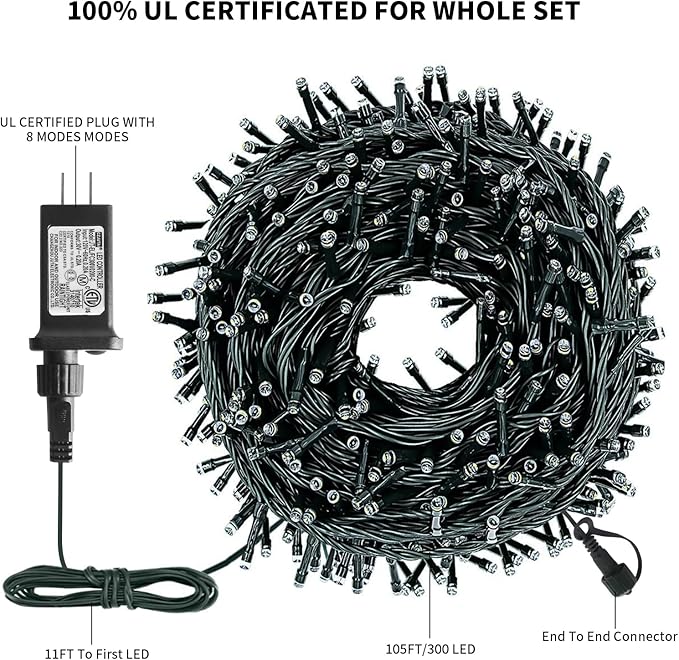 XTF2015 Christmas String Lights, 105ft 300 LED Christmas Lights 8 Modes Memory Function & Timer- UL Certified | Lumora