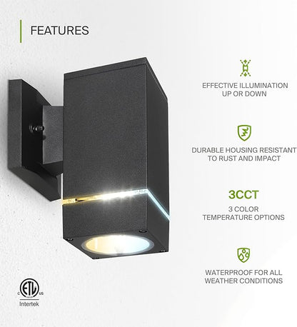 ASD 1 Light Square LED Indoor & Outdoor Wall Light Fixture | 9W 580LM 3000K-5000K 100-277V Cylinder Up Down Lights | Dimmable Exterior Wall Sconce | Front Door, Porch, Patio | Ringed Black, ETL 2 Pack