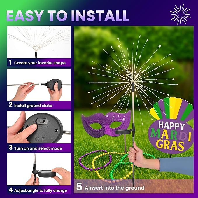 Mardi Gras Solar Lights Outdoor, 4 Pack Solar Garden Lights Outside Fairy Firework Decorative,Solar Powered for Mardi Gras,Yard Pathway Party Balcony Patio Decor (Purple, Green, Yellow)