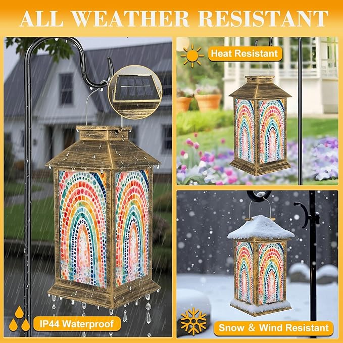 Solar Lantern Outdoor Waterproof Boho Rainbow Cute Colorful Dots Arches Dotted Patterns Gradient Garden Decor LED Solar Lights Hanging/Tabletop Lamp Gifts for Women Mom for Outside Yard Patio
