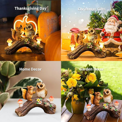 Solar Owl Garden Statues Outdoor Decor Resin Owl Squirrel Figurine with Mushroom Lights for Patio Lawn Yard Decorations Christmas Birthday Housewarming Gardening Gifts for Women Mom