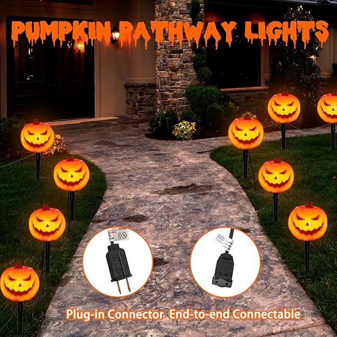 SUNSGNE Halloween Pathway Lights, Set of 4 Halloween Pumpkin Stake Lights with 5 C7 LED Light Bulbs(1 Spare), Connectable Pumpkin Light for Path Walkway Driveway Garden Decorations